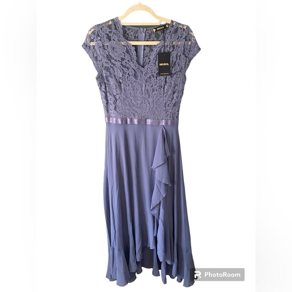Womens Size 4-6 Dress NEW Asymmetircal Feminine Gray Formal Party Guest Midi - Picture 3 of 15